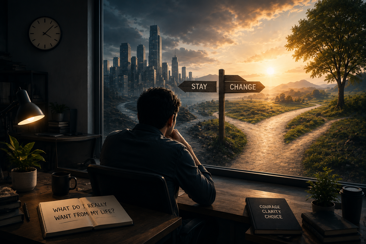 Person standing at a crossroads while deciding whether to leave their career