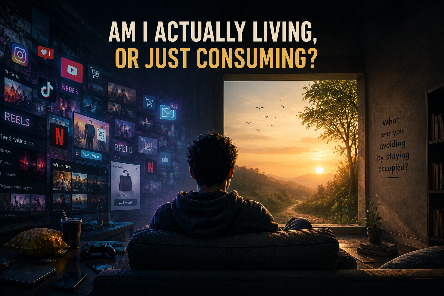 Young person sitting between a world of digital consumption and a quieter real-world experience