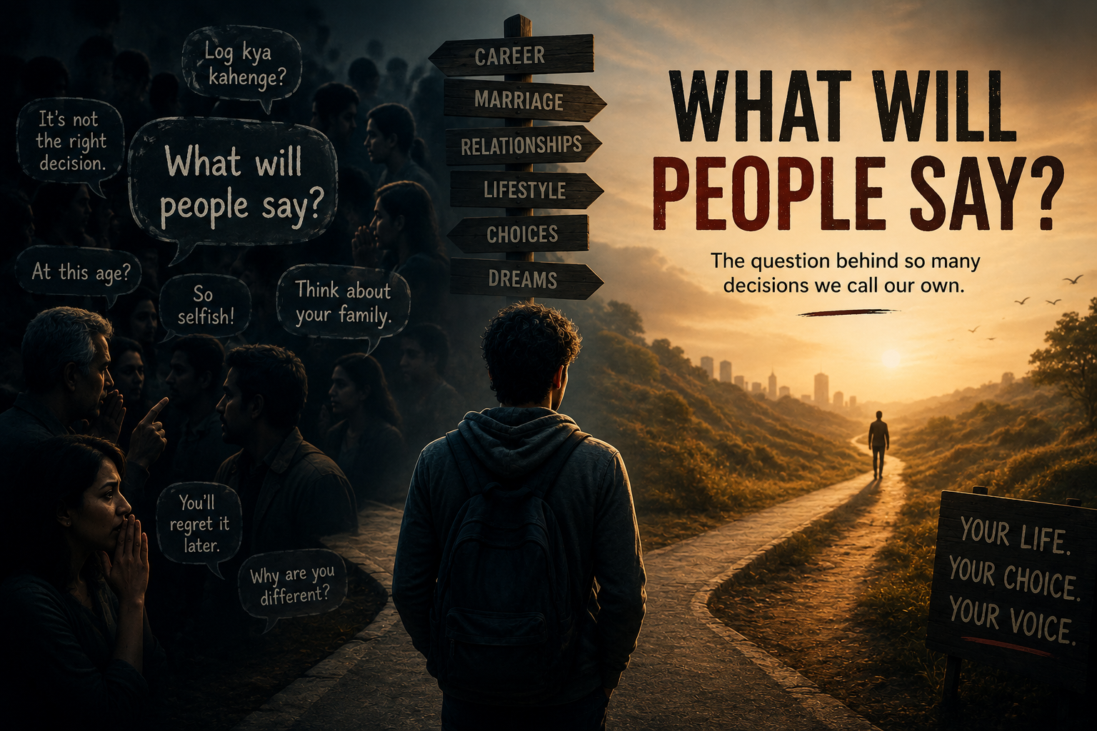 Person standing at a crossroads while facing the pressure of other people's expectations